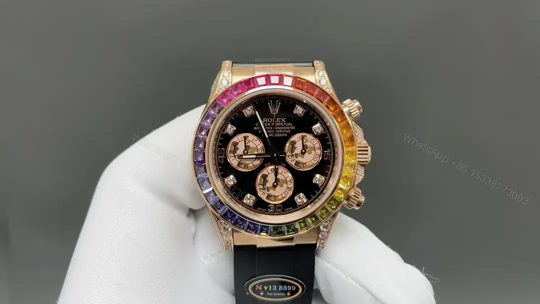 Rolex Daytona Rainbow Everose Gold Black Strap Colorful Diamond Bezel 40mm RLX-DAY-RBW-RG-BLK40-RUB — view 1