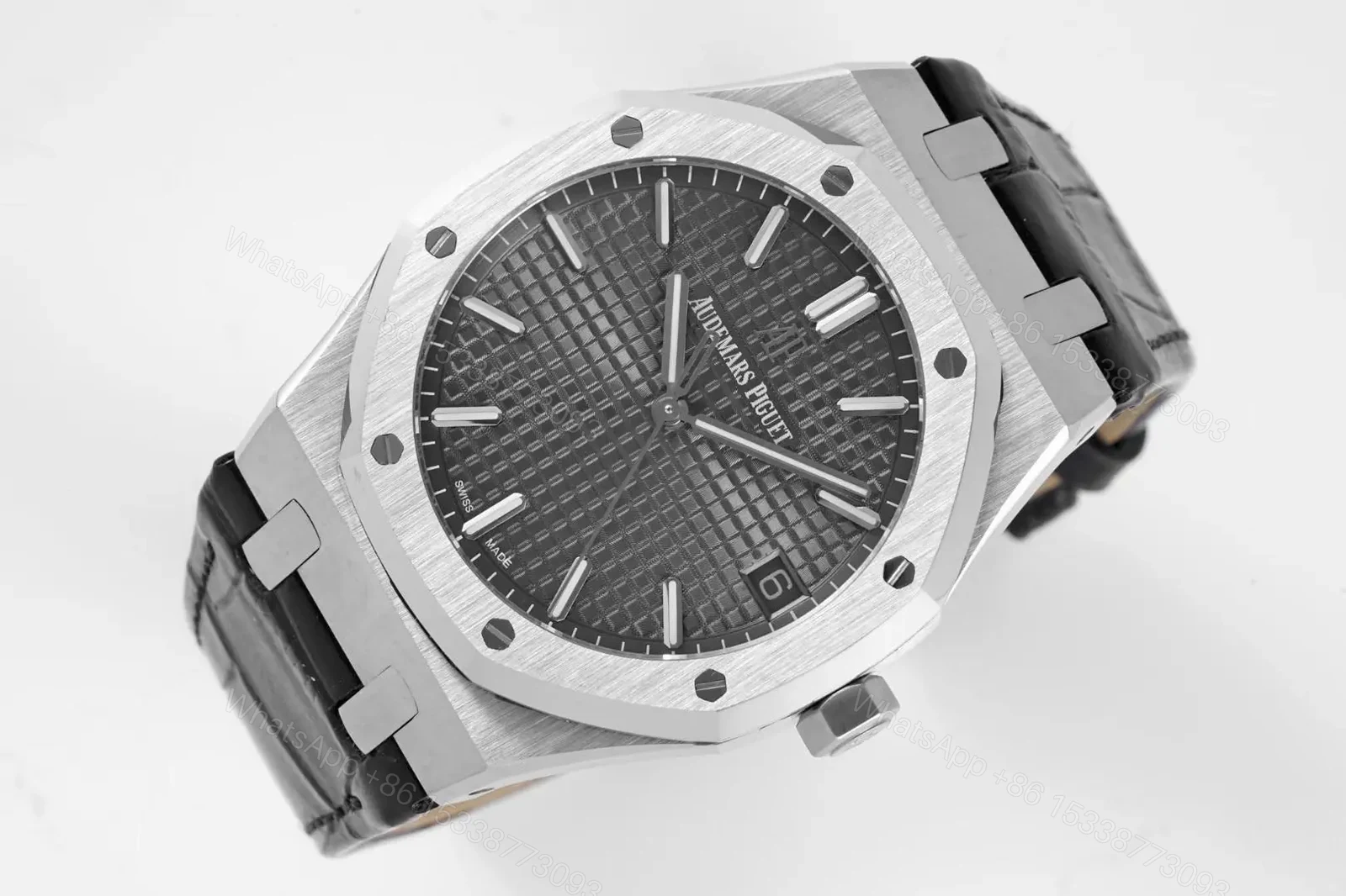 View 5 of V9 Factory Audemars Piguet Royal Oak 15500 Stainless Steel Watch with Black Dial and Leather Strap