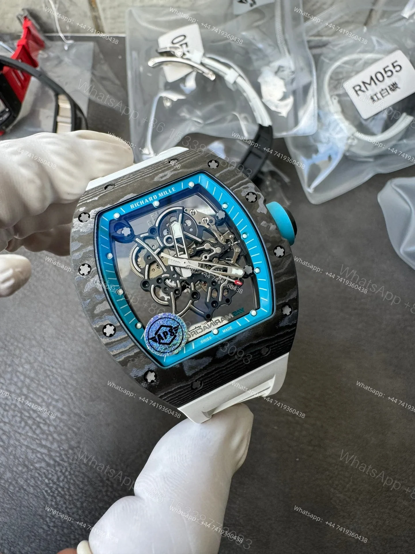 View 10 of Super Clone Richard Mille RM 055 Carbon TPT Blue Inner Bezel White Rubber Strap 1:1 Replica Watch