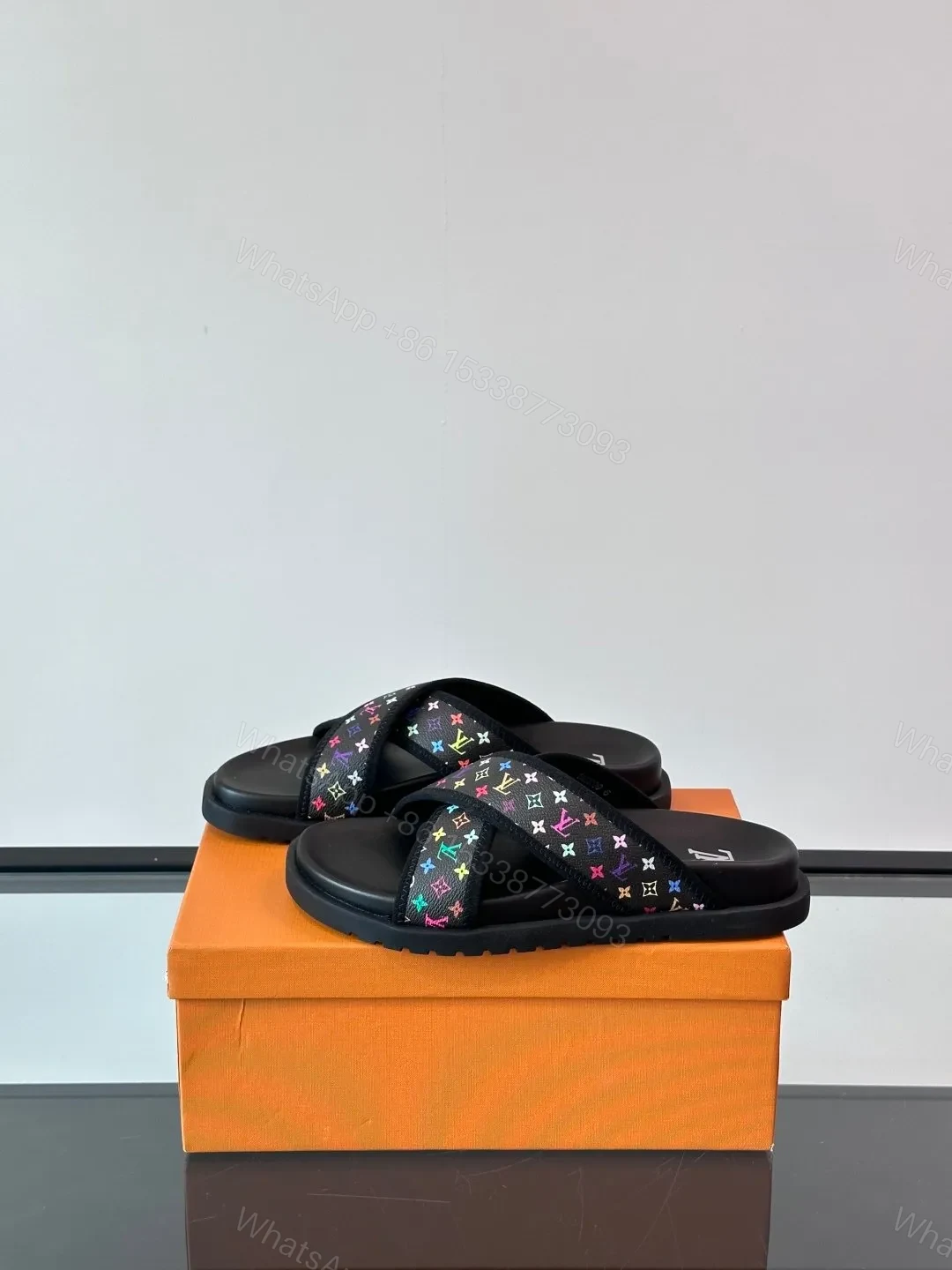 View 3 of LV Men Black Multicolor Canvas Slides