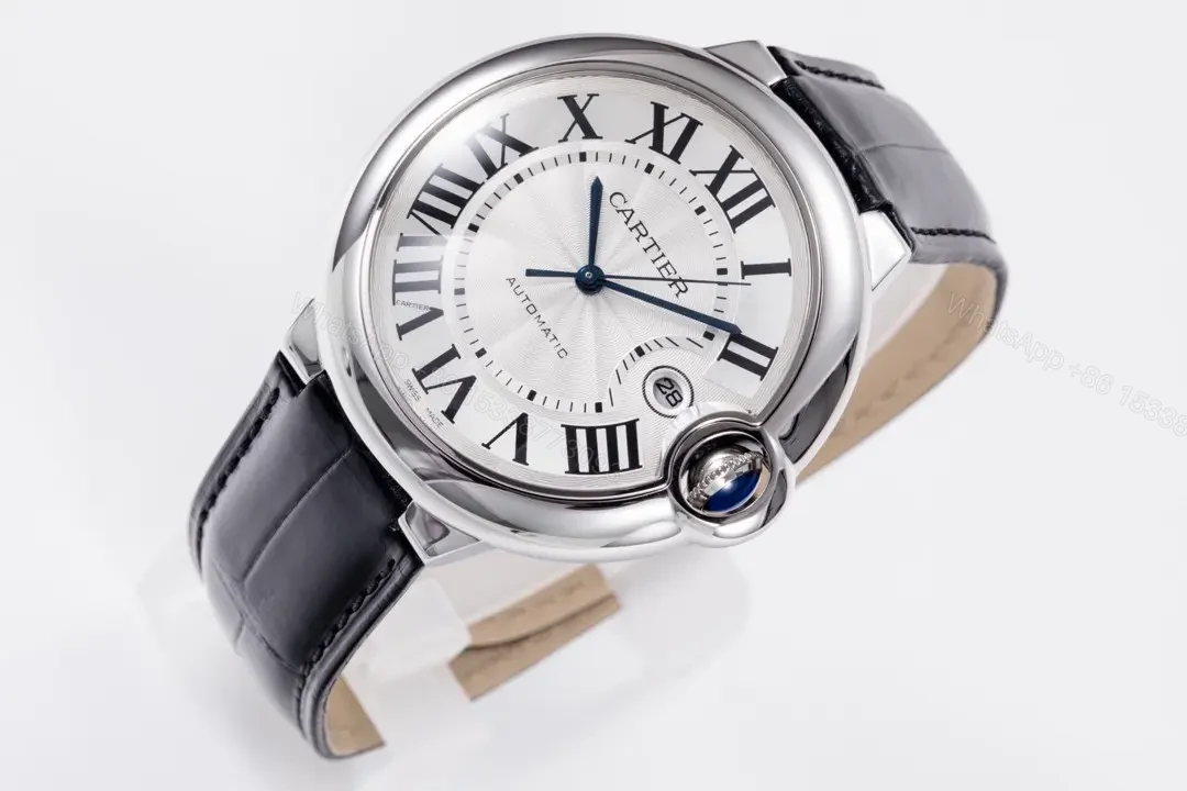 View 4 of TW Factory Cartier Ballon Bleu 42mm Automatic Watch – Silver Dial with Black Leather Strap