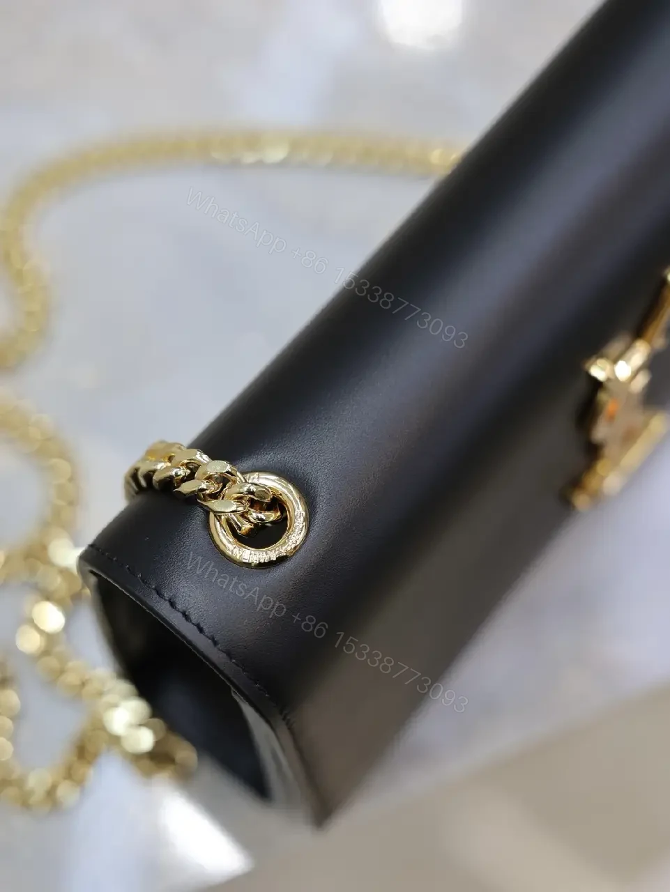 View 7 of Black Leather Bag with Gold YSL-Inspired Logo, Compact, Everyday Glam