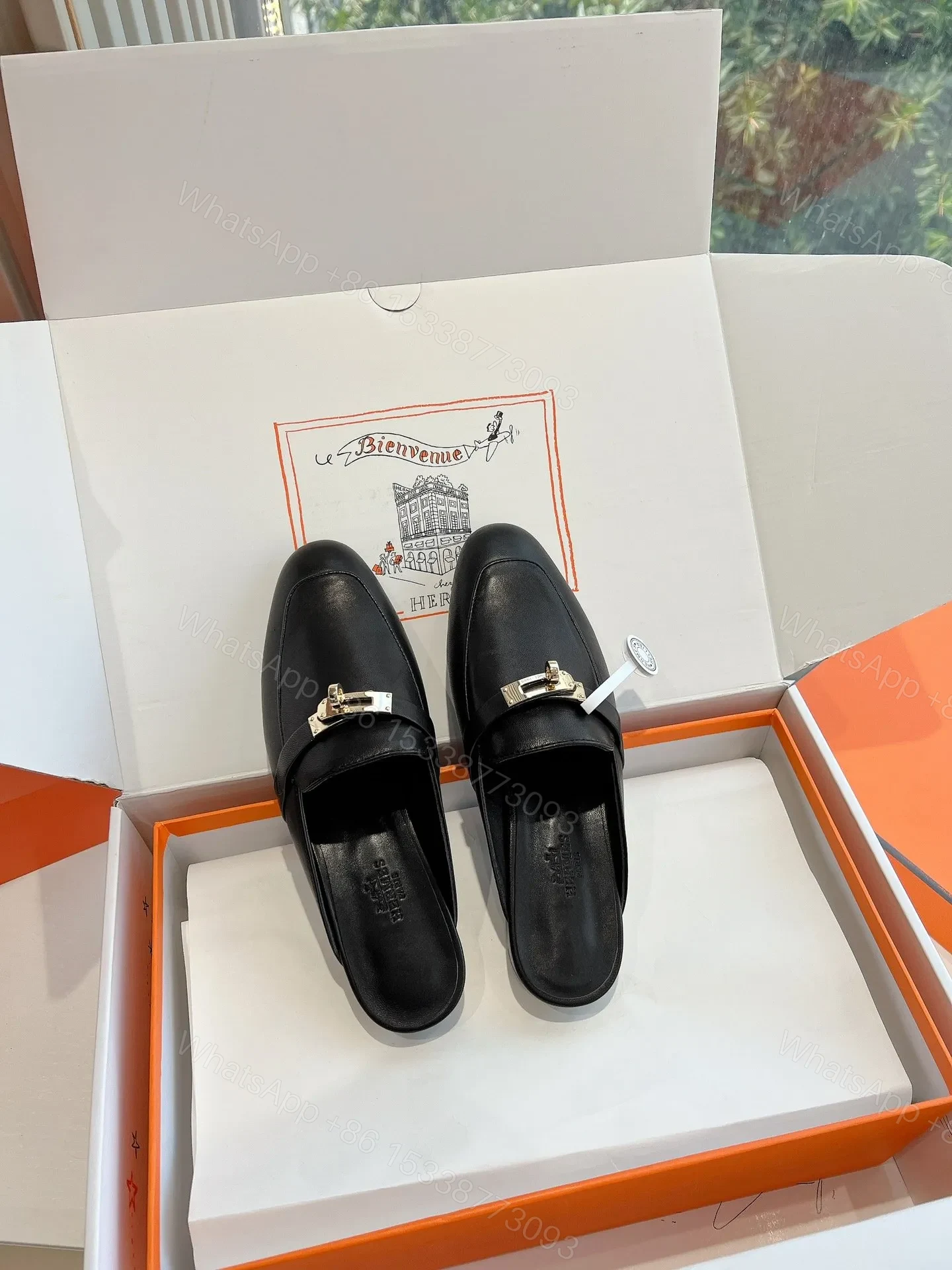 View 4 of Hermes Women Black Leather Mules