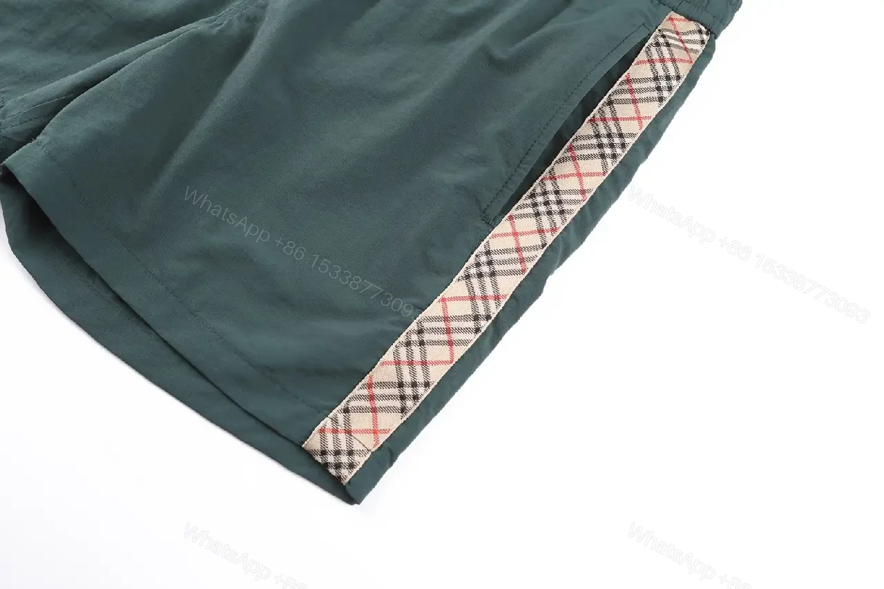 View 3 of Dark Green Shorts Burberry-style Plaid Panels Swimwear Drawstring Waist Men’s Shorts