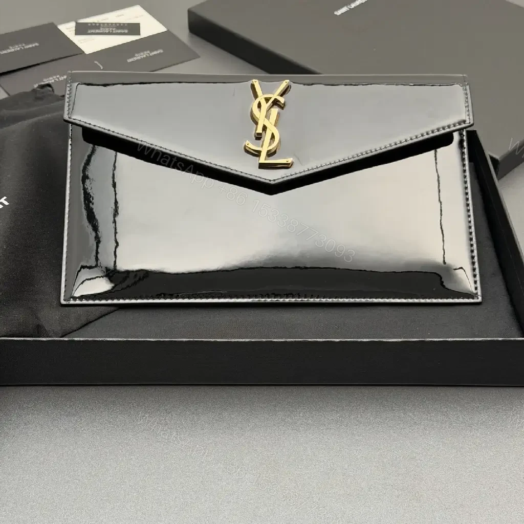 View 2 of Glossy Patent Envelope Clutch: Luxe Gold Logo Wallet
