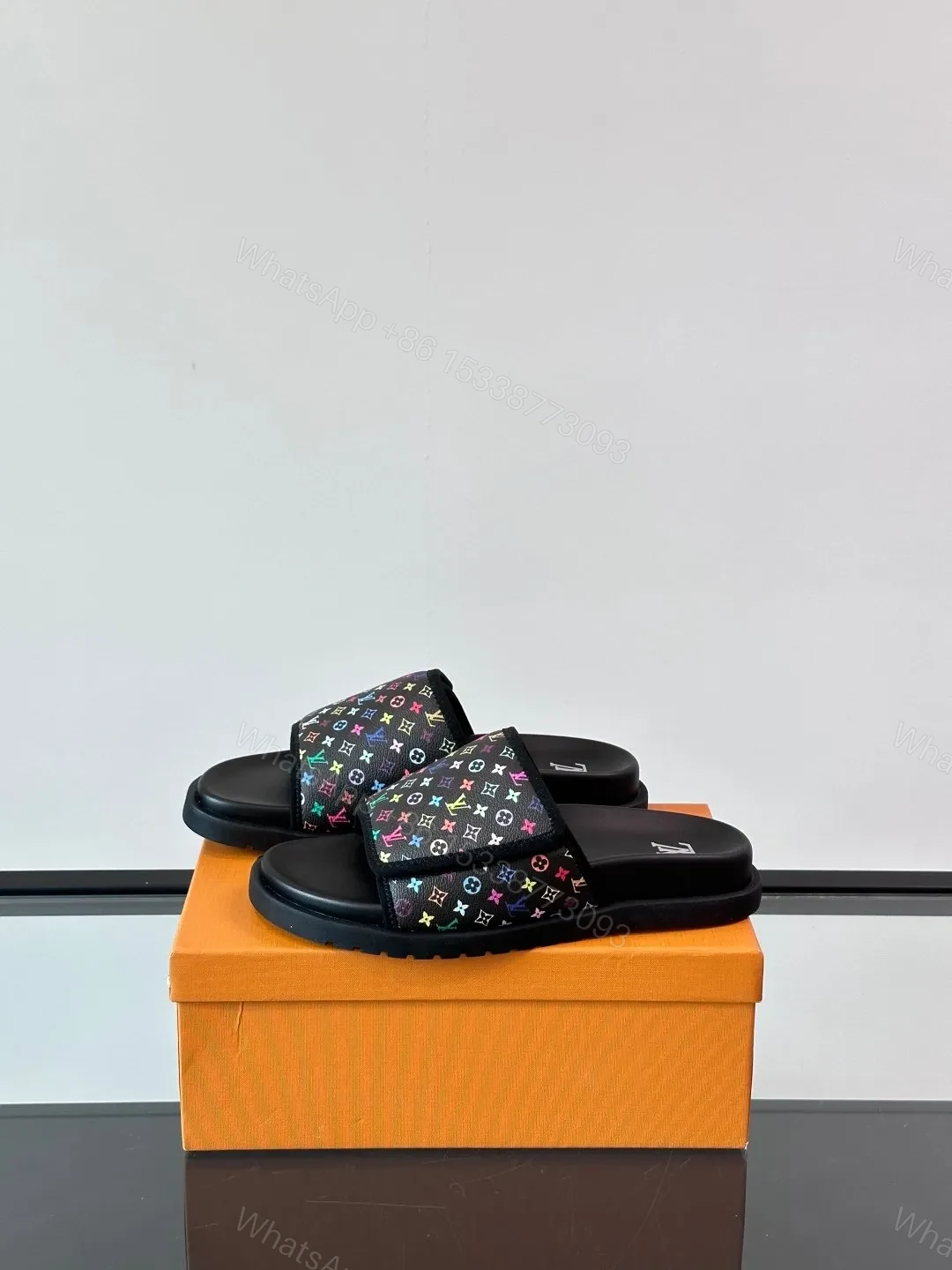 View 3 of LV Men Black Canvas Multicolor Print Slides