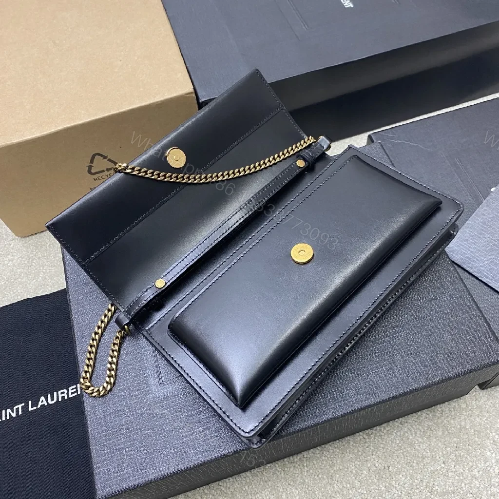 View 2 of Chic Black Leather Shoulder Clutch with Gold Logo