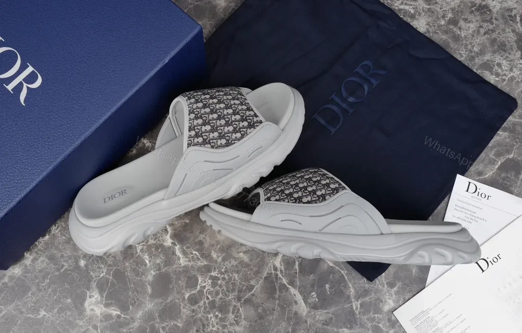 View 5 of Patterned Dior Slides: Plush Comfort, Monogram Textile Strap