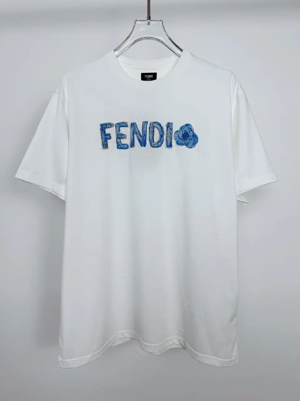 View 8 of Lightweight White Cotton Tee + Embroidered Blue Logo + Minimalist + Designer Flair + T-Shirt
