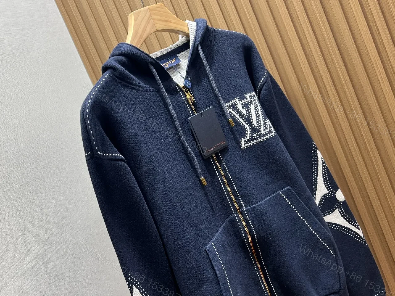 View 7 of Navy Denim Hoodie Jacket with LV Embroidery – Modern Luxe Outerwear