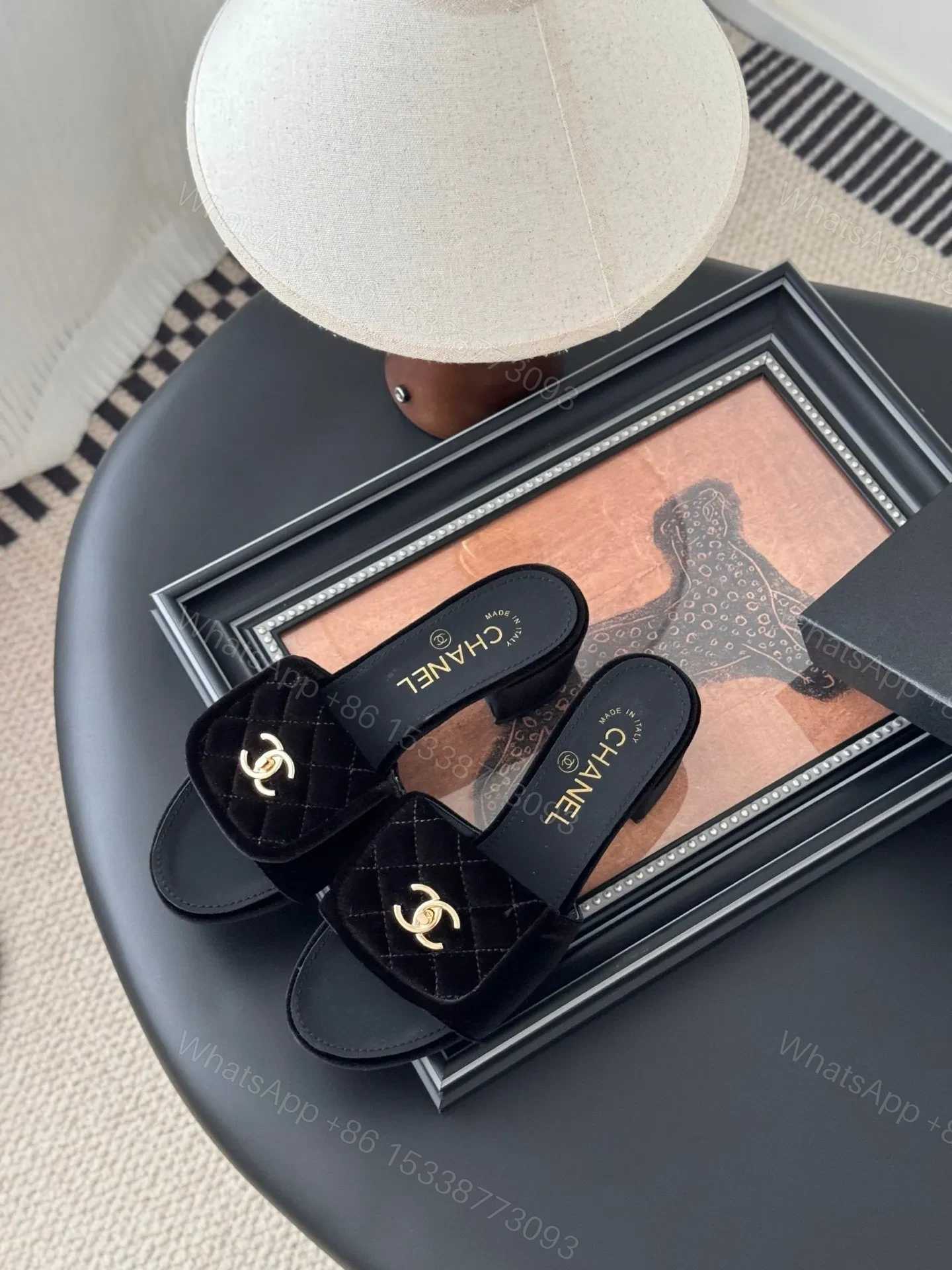View 2 of Chanel Women Black Quilted Velvet Slides