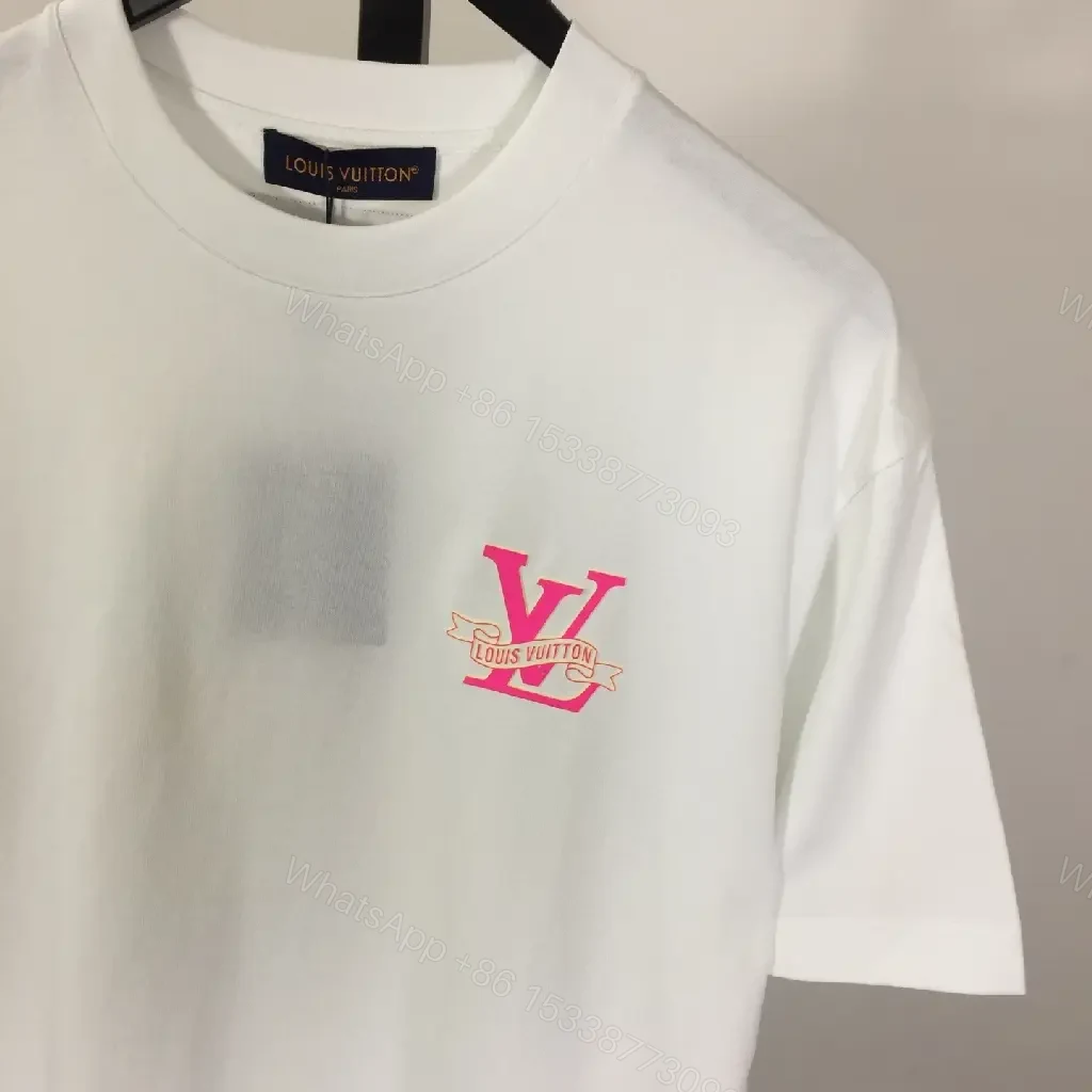 View 7 of White Cotton Tee with Pink LV Emblem – Minimalist Luxe Top