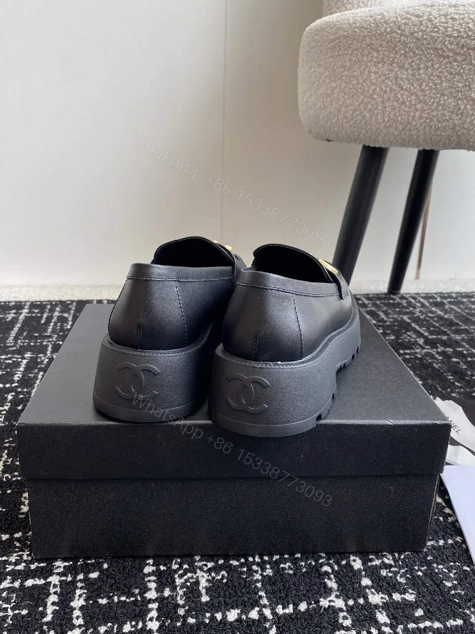 View 8 of Black Leather Loafers with Oversized Gold Logo, Luxe-Edged, Slip-On Shoes