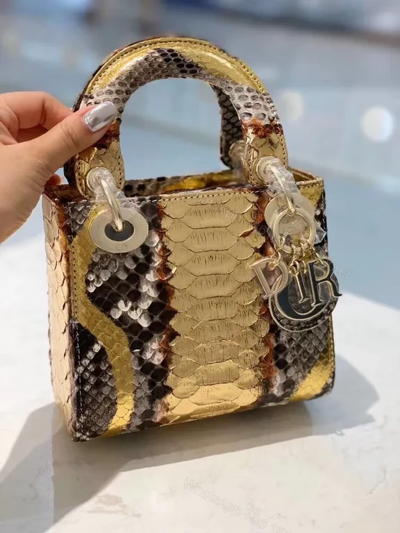 Gold Brown White Snakeskin Mini Bag with Dior Charm — view 1
