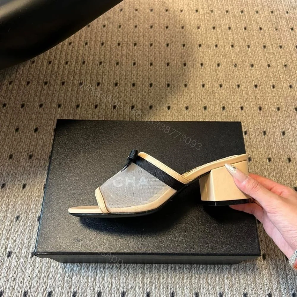 View 6 of Chanel Mesh Bow Block Heel Mules Beige And Black