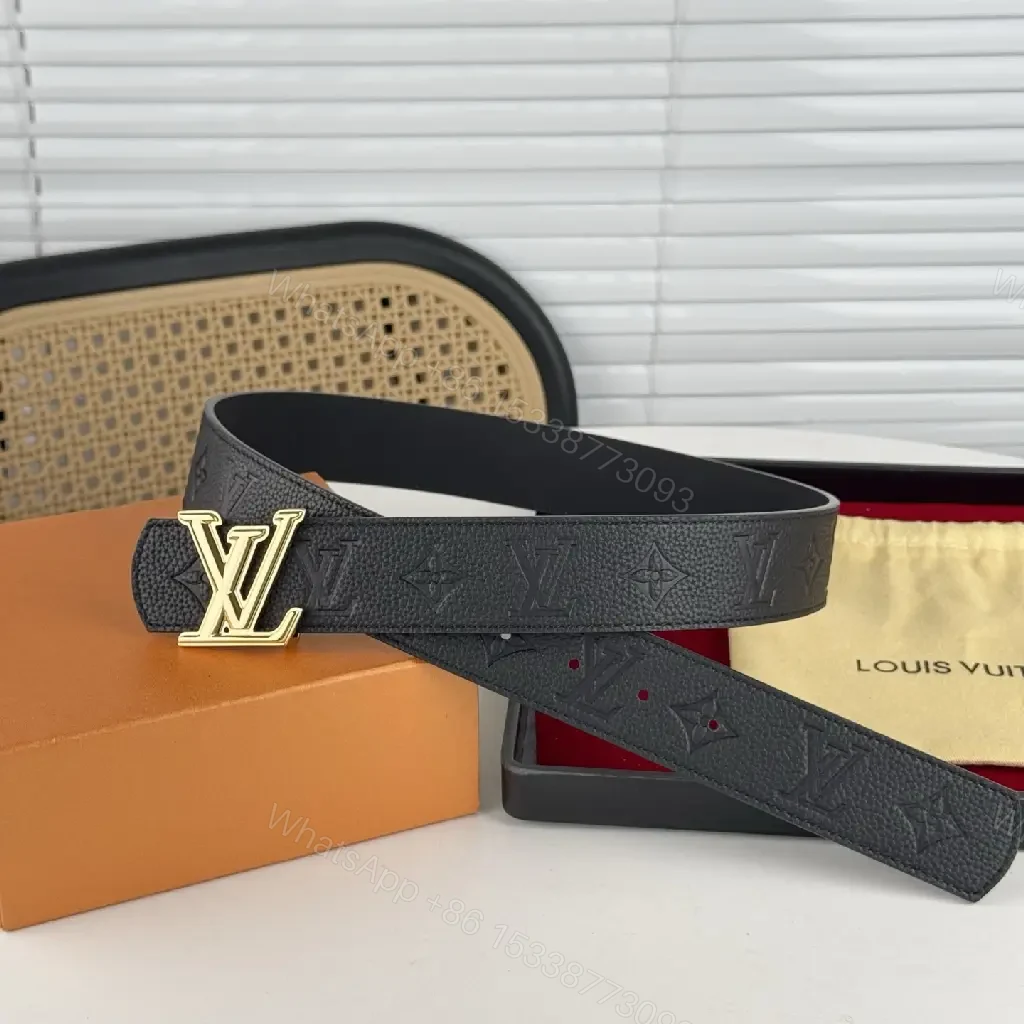 View 4 of Black Leather Belt, Gold Buckle, Monogram, Luxury Accent, Belt