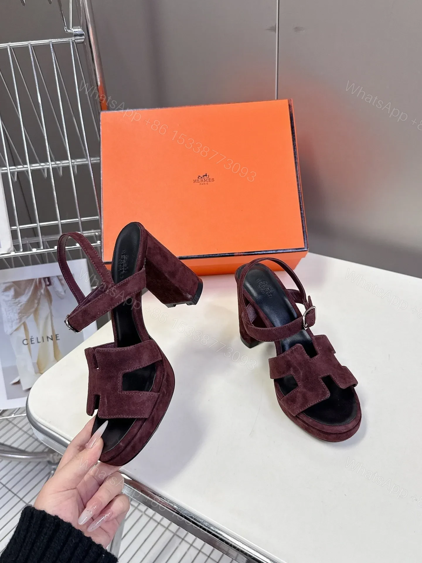 View 4 of Hermes Women Burgundy Suede Heels