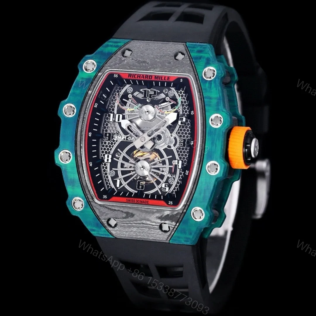 View 2 of Richard Mille RM21-01 Automatic Skeleton Watch 40MM Black Carbon Fiber Case Blue Bezel Premium Edition RM-RM21-01-BLK-CARBON-BLU-40
