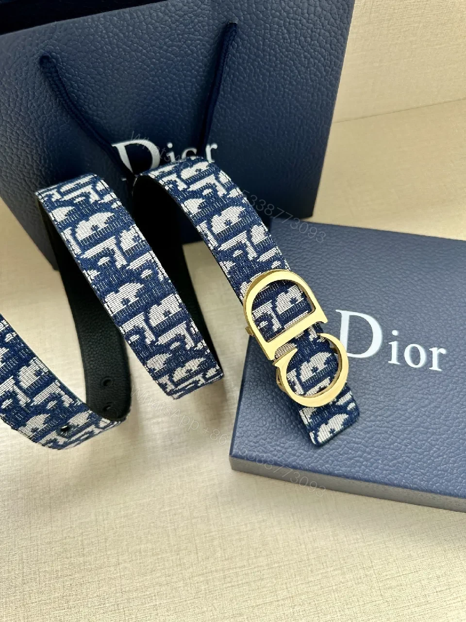 View 3 of Patterned Denim-Inspired Belt with Signature Double-Grommet Buckle