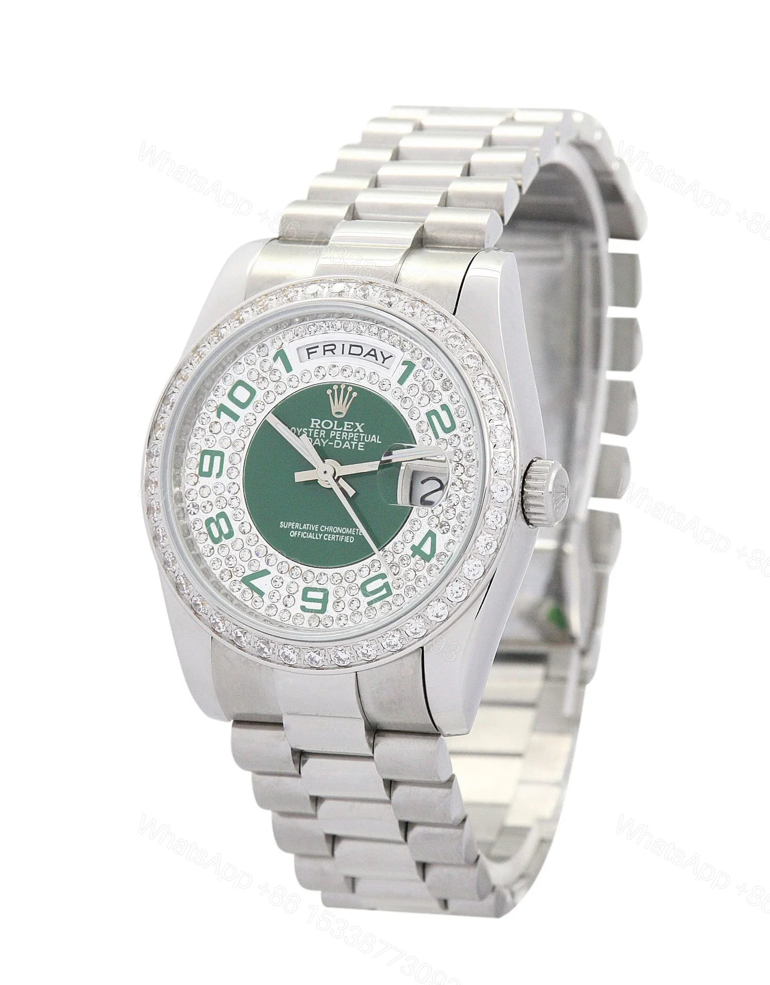 View 2 of Replica Rolex Day-Date Green and Silver with Diamonds Dial 118346 36 mm