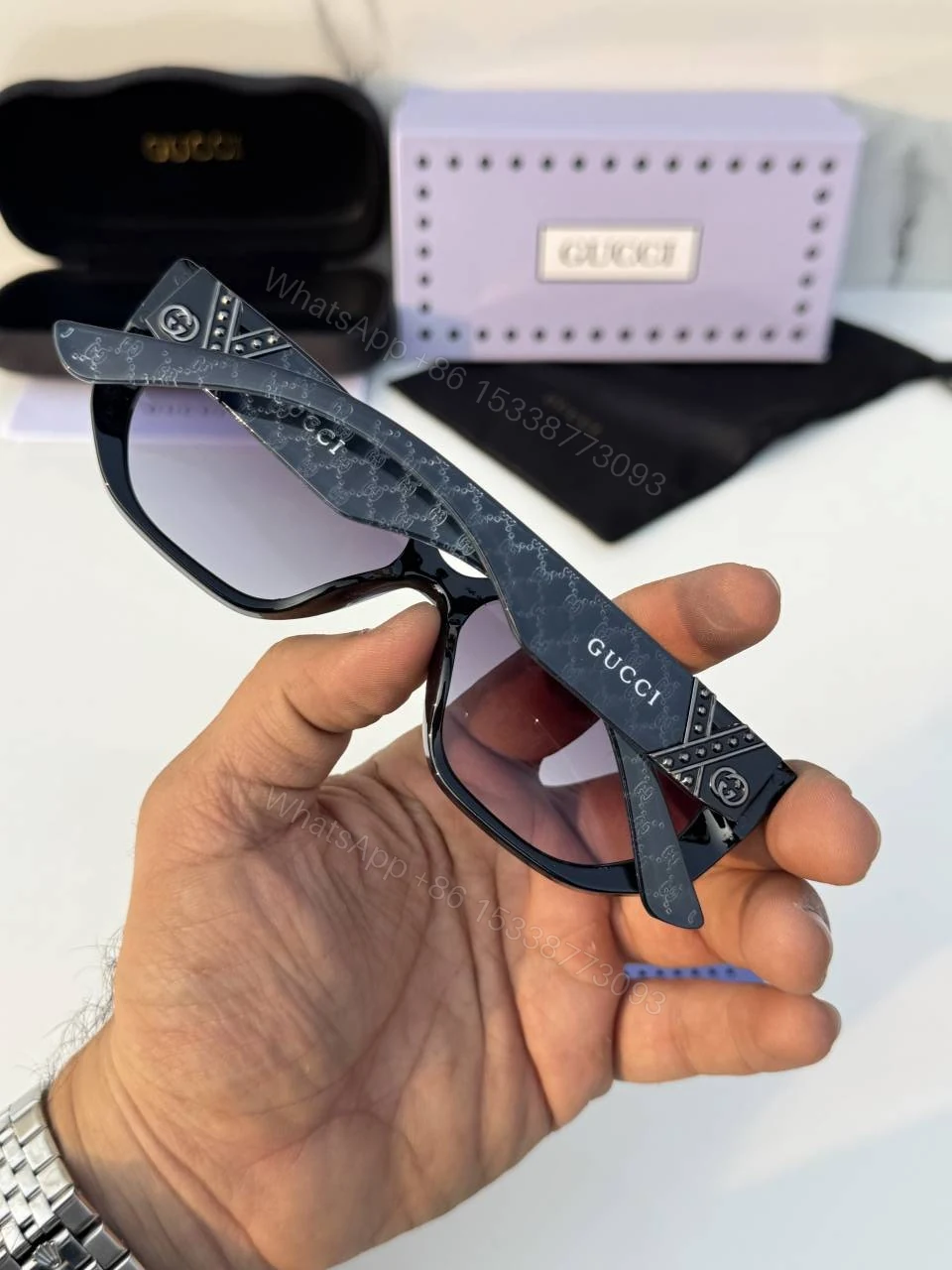 View 4 of First Copy Gucci Square Sunglasses Black Frame Gradient Grey Lens