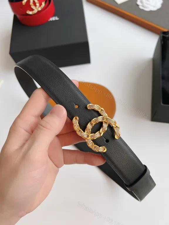 View 4 of Chanel-Style Leather Belt with Gold Logo Clasp