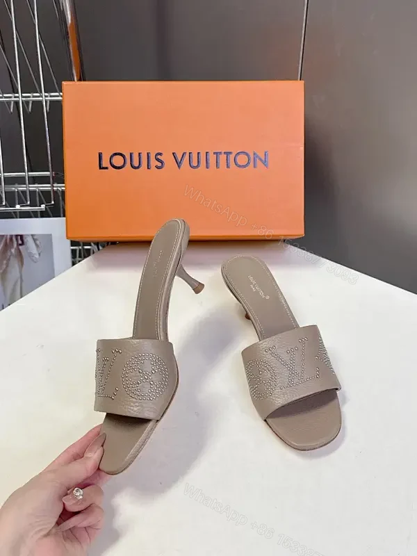 Minimalist Taupe Leather Slides with Rhinestone Logo Embellishment — view 1