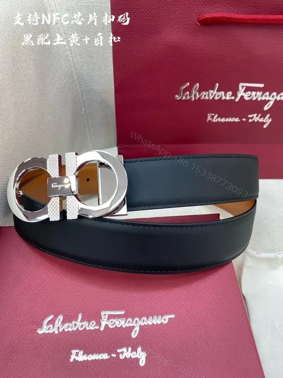 Bold Black Calf Leather Belt with Double Gancini Buckle (Ferragamo) — view 1