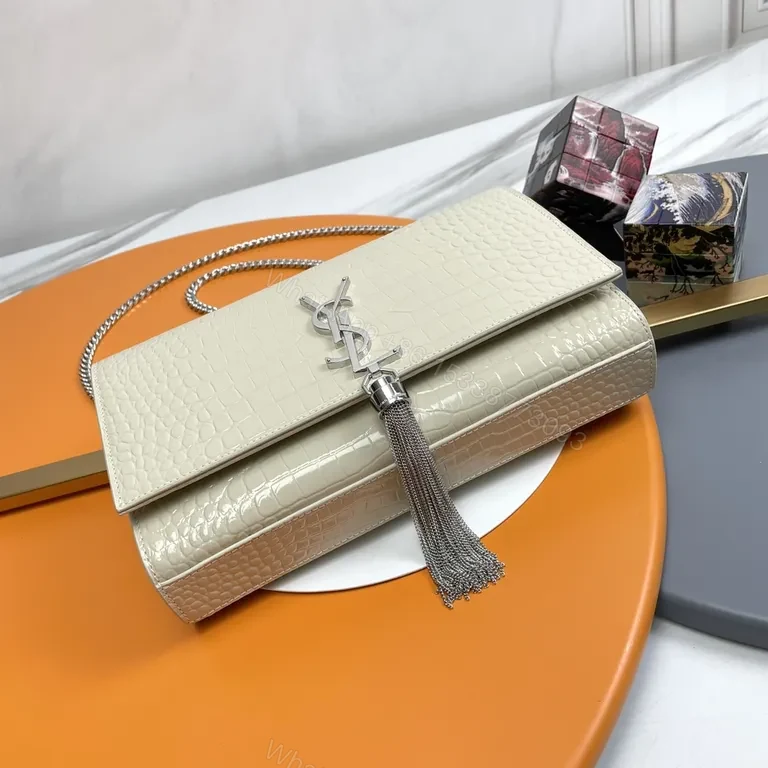 View 6 of Crocodile-Texture Flap Bag: Cream + YSL Tassel Flair