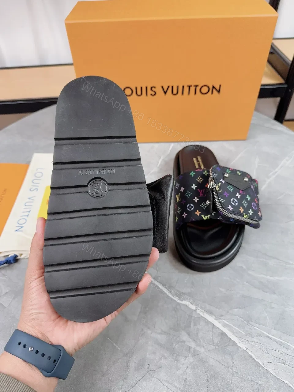 View 8 of Multicolor LV-Inspired Slide Sandals with Cushioned Footbed