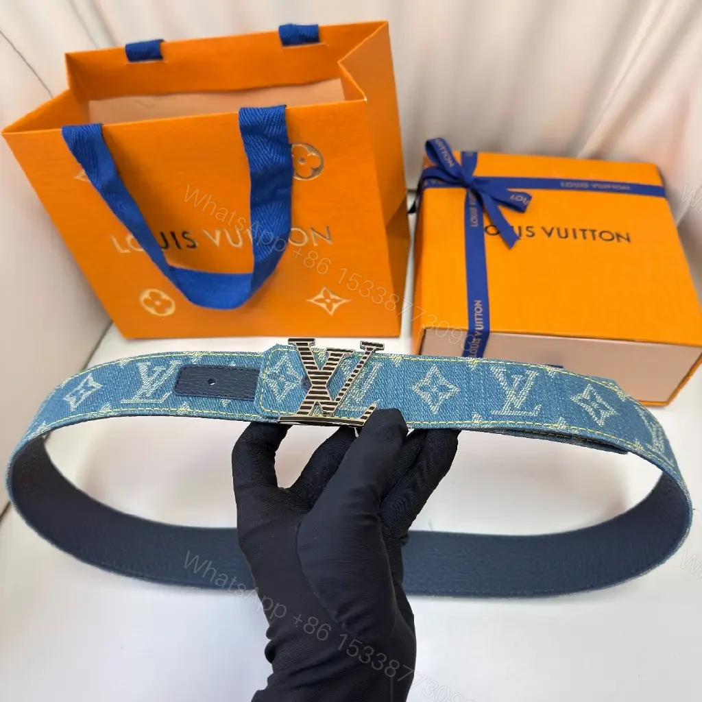 View 9 of Denim-Texture Belt with Gold Buckle - Casual Luxury Accessory