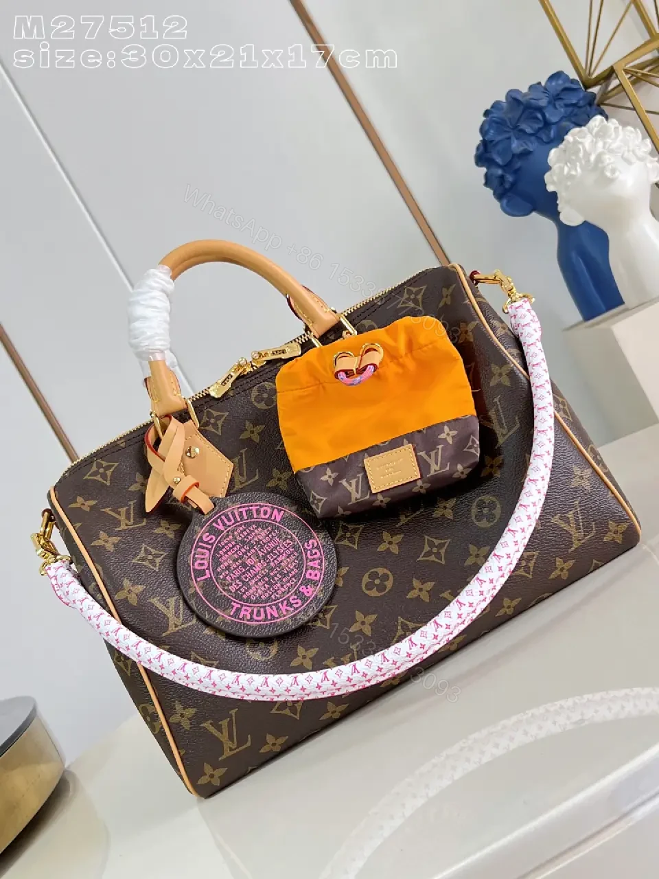 View 7 of Orange Accent Monogram Handbag - Structured Luxury Tote