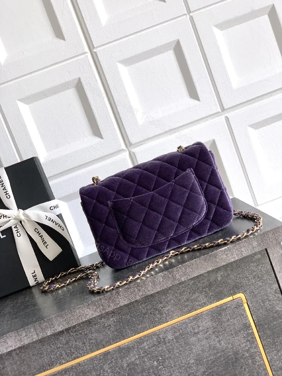 View 9 of Velvet Quilted Flap Bag with Gold Hardware - Chic Purple
