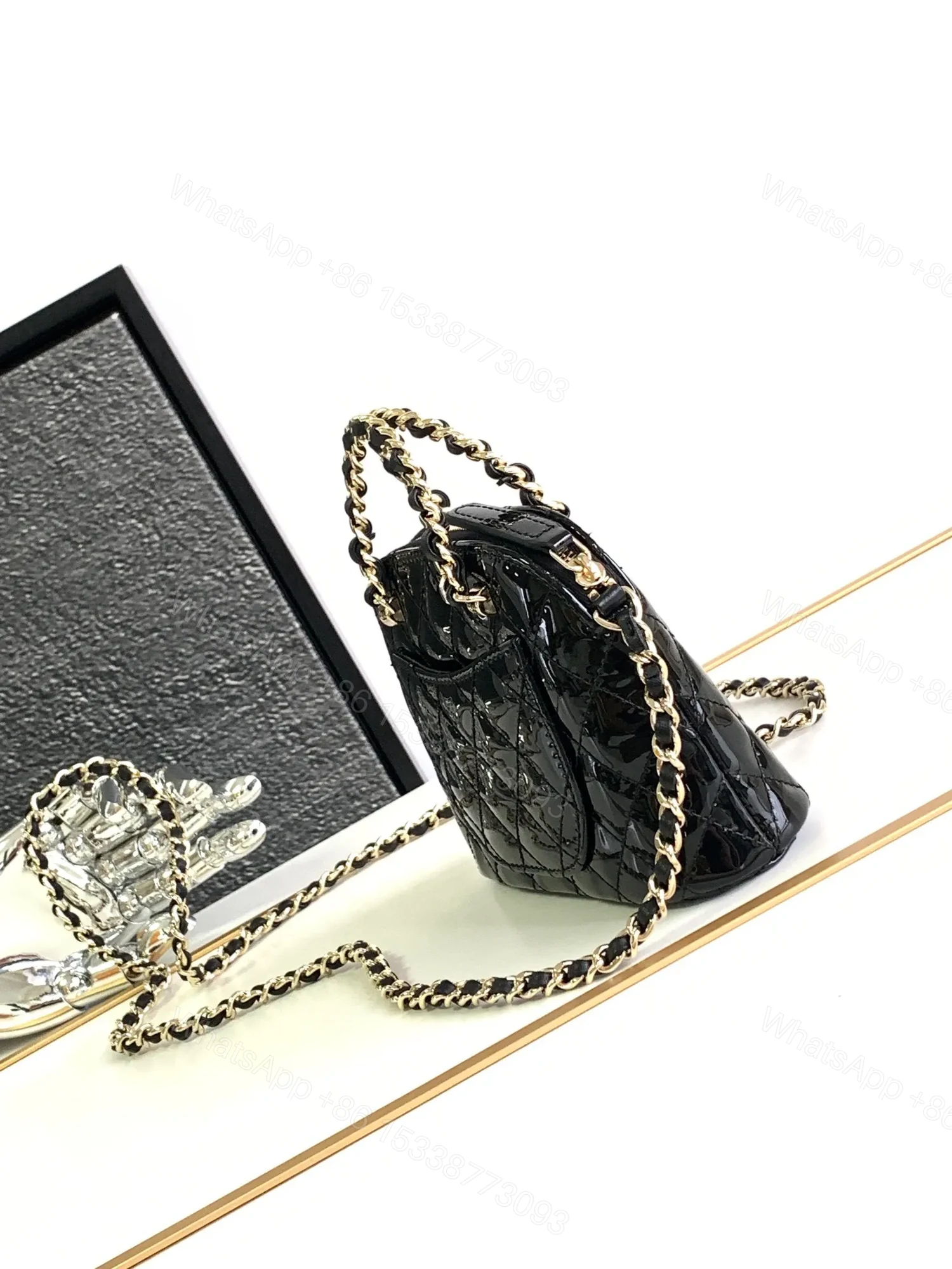 View 7 of Chanel Alma Mini Shiny Leather Handbags Black Lock Gold 12cm