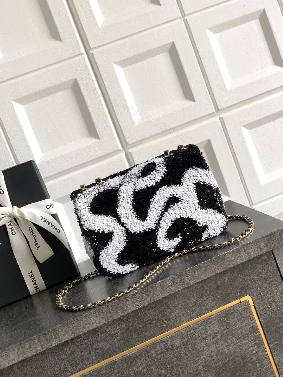 View 2 of Sequin Mini Bag: Black-White Wave, Gold Hardware, Chic Evening