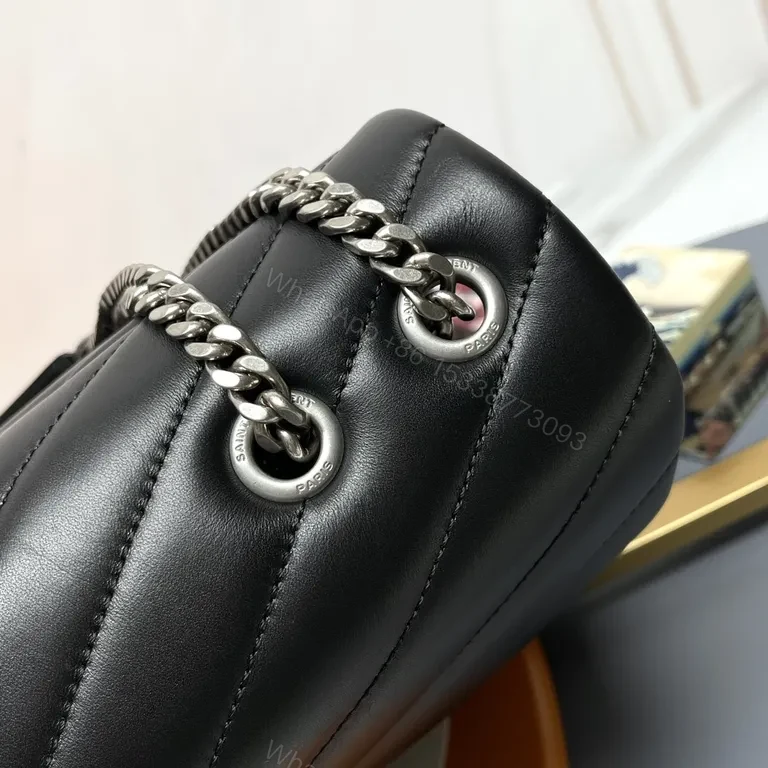 View 4 of Quilted YSL-Style Messenger Bag - Black Leather, Luxe Hardware