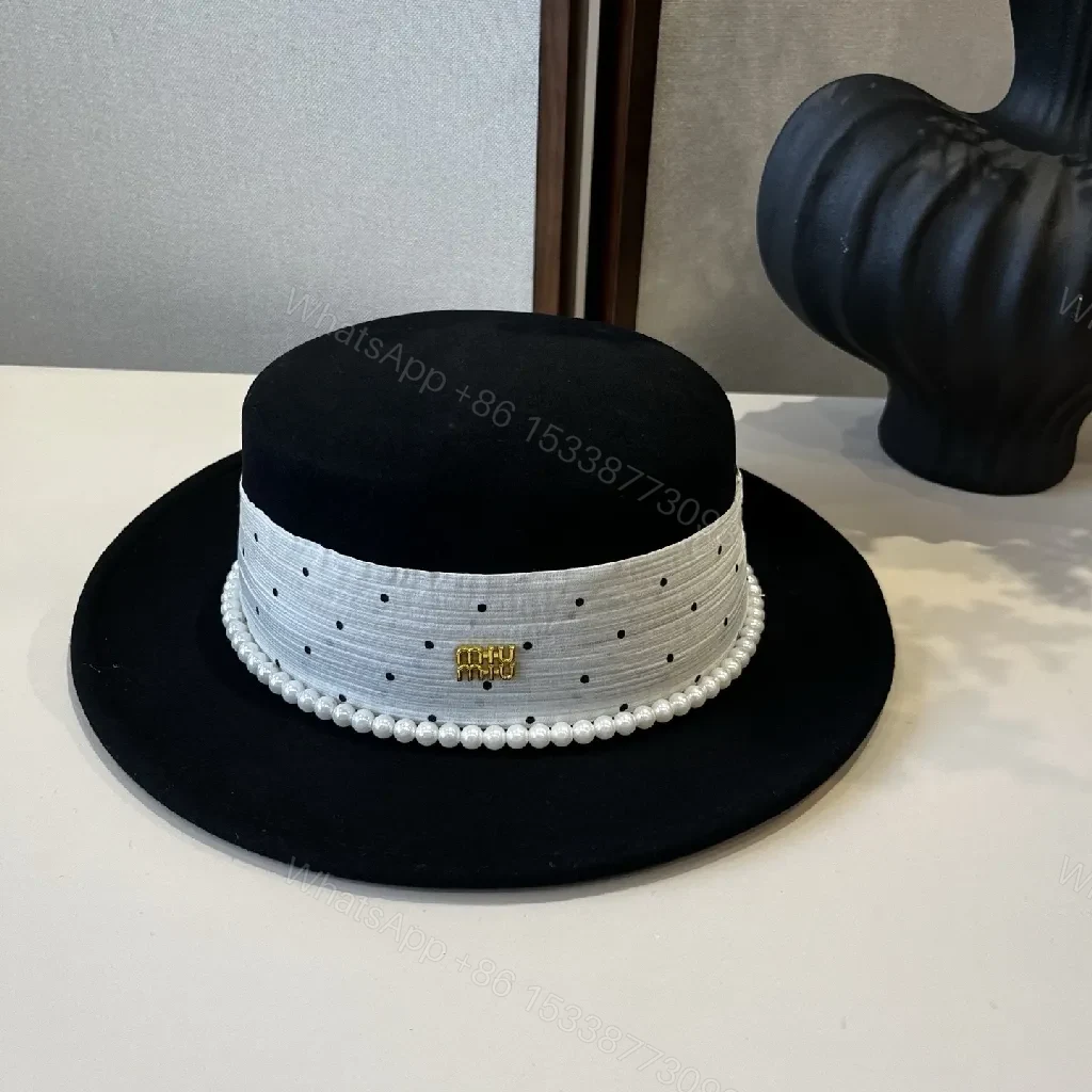 View 6 of Polka Dot Wide-Brim Hat with Pearl Trim, Felt, Luxe Style
