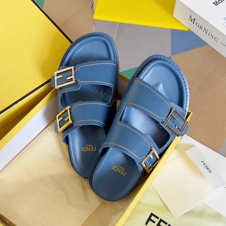 View 7 of Sky-Blue Fendi Leather Slide with Architectural Straps
