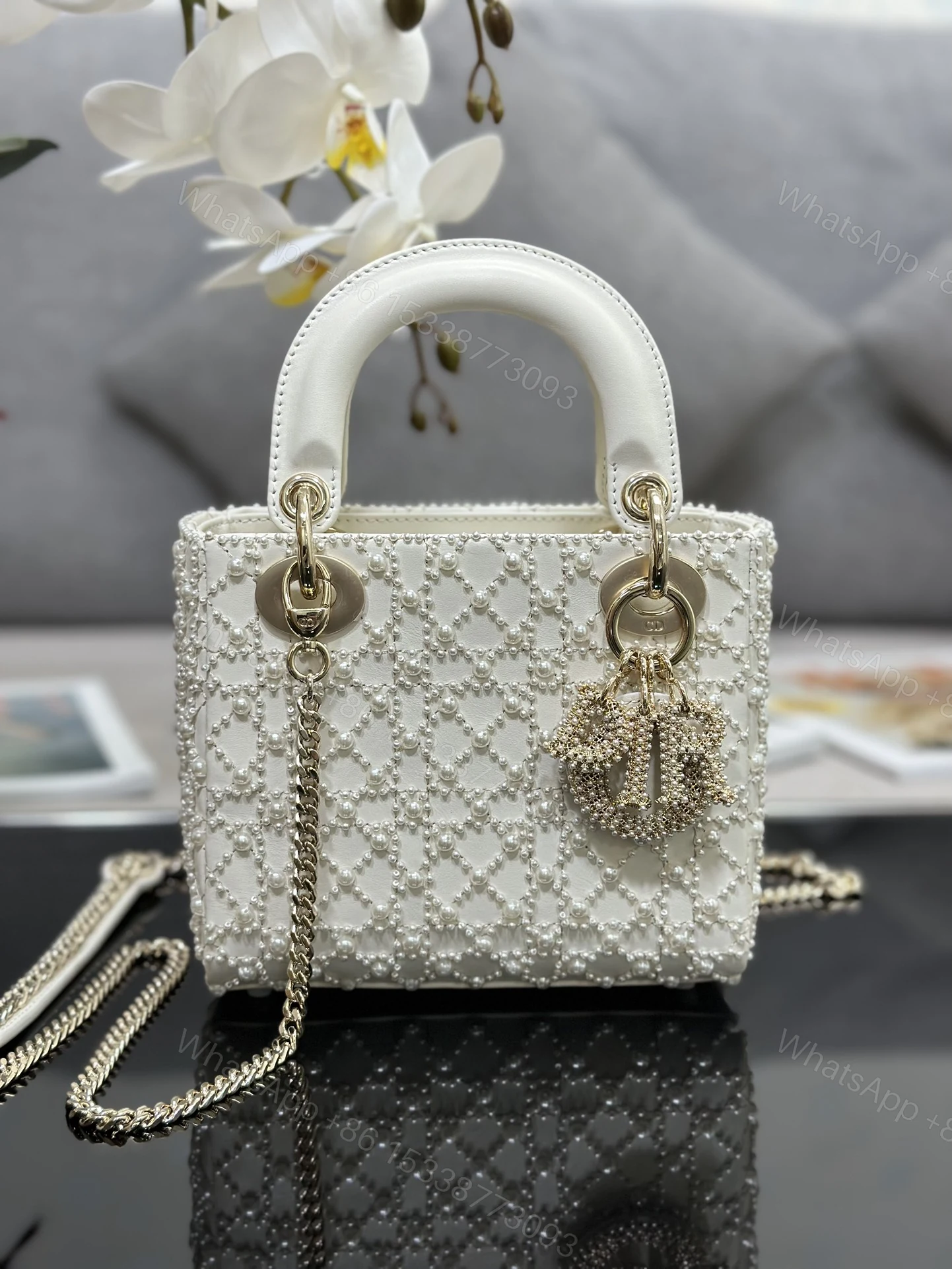 Dior 高仿 女款 Lady 珍珠滿鑽白色手提包 名媛宴會款 — view 1