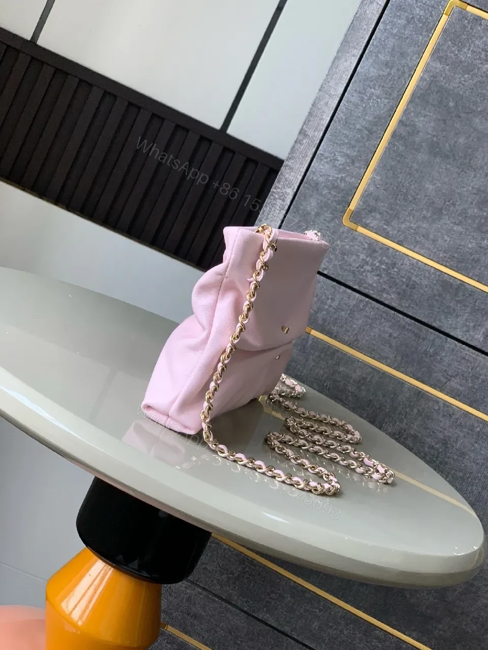 View 6 of Soft Pink Satin Tote – Gold Hardware, Chain Strap, Night-Day Glam