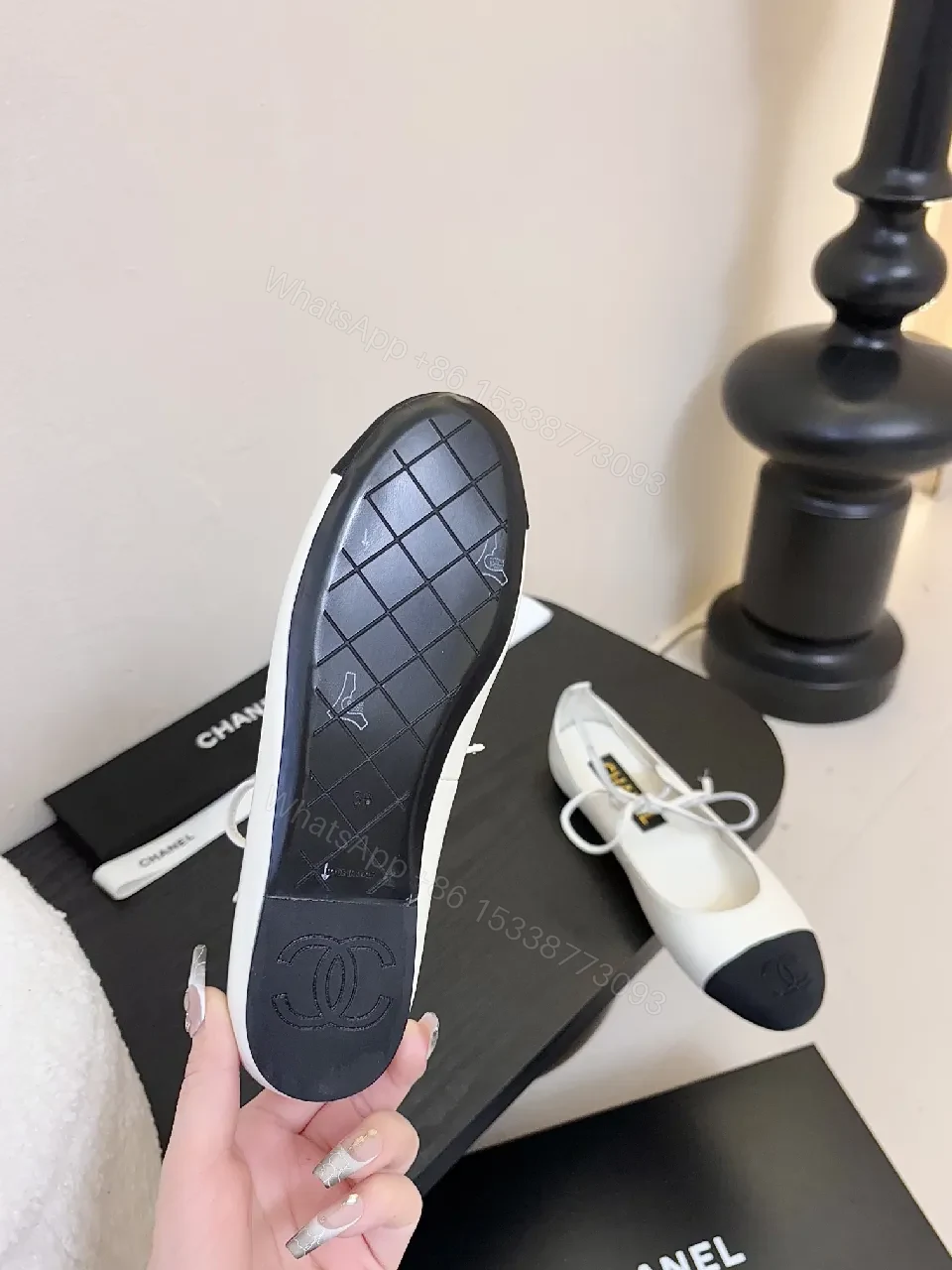 View 2 of White/Black Two-Tone Ballet Flats – Crisscross Lace, Cushioned Comfort, Flat Shoes