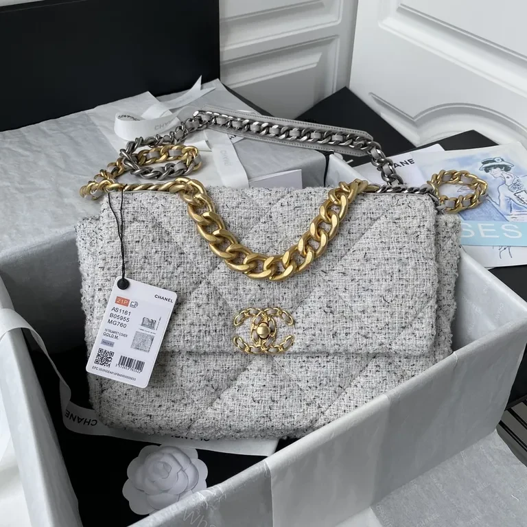 Chanel-Influenced Tweed Bag with Dual-Gold/Silver Chain — view 1