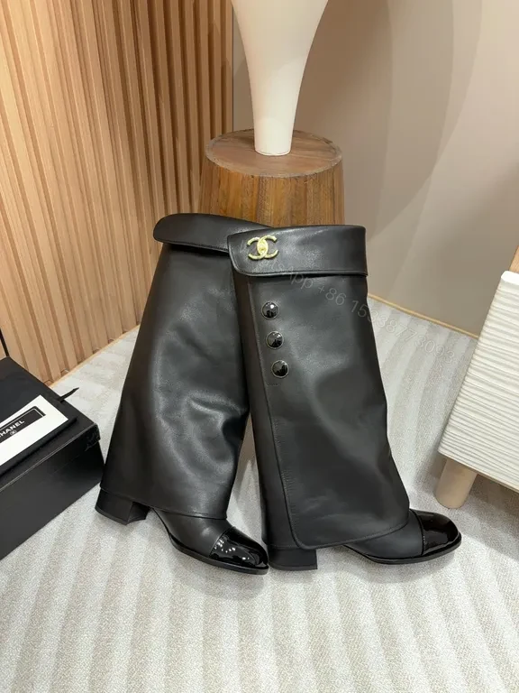 View 8 of Bold Faux Leather Knee-High Boots with Gold Hardware