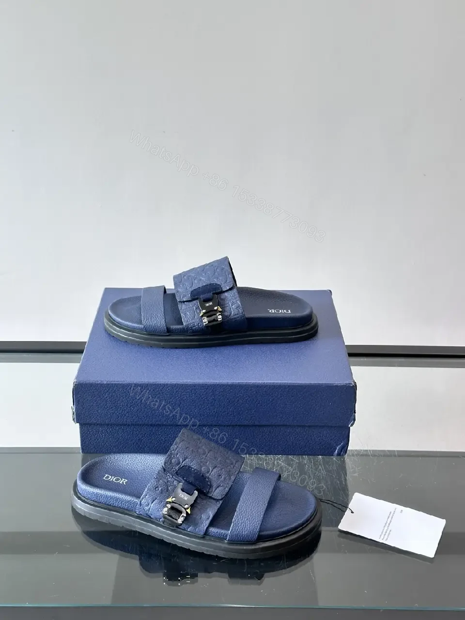 View 2 of Navy Leather Dior-Logo Slide Sandals with Buckle