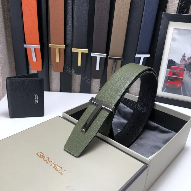 View 4 of Olive Pebbled Leather Belt â€” Bold Gold Buckle, Tom Ford