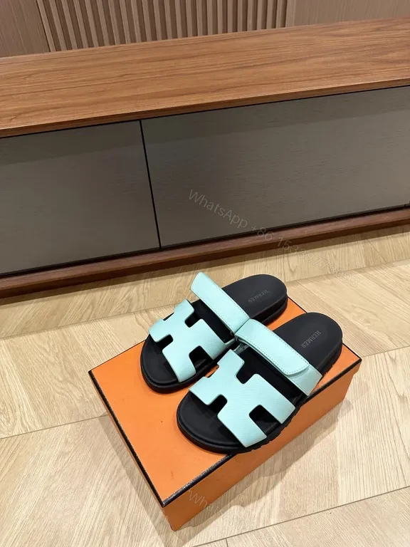 View 4 of Light Blue Leather H-Strap Sandals – Replica Hermes Style