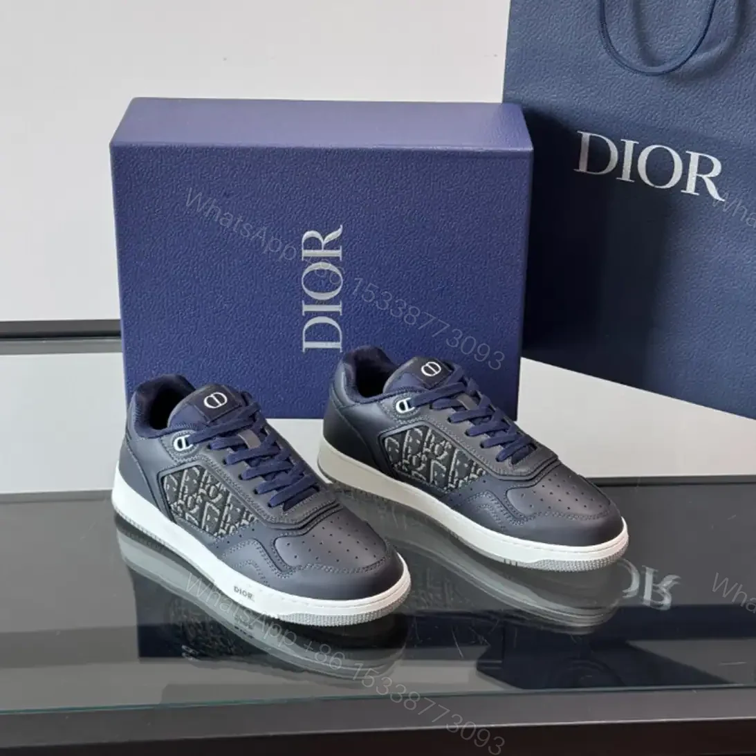 View 2 of DIOR B27 UPTOWN LOW-TOP SNEAKERS BLUE SMOOTH CALFSKIN AND BLUE OBLIQUE JACQUARD – CD215