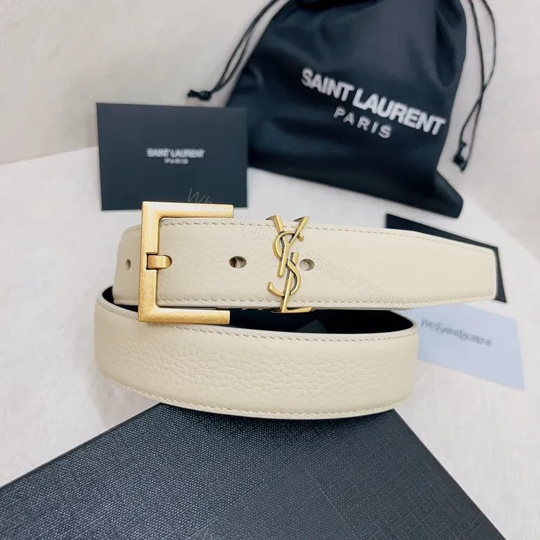 View 3 of Crisp White Leather Belt with Gold Hardware â€” Saint Laurent Style
