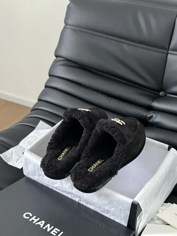 View 9 of Chanel-Inspired Black Shearling Mules with Gold Logo Detail