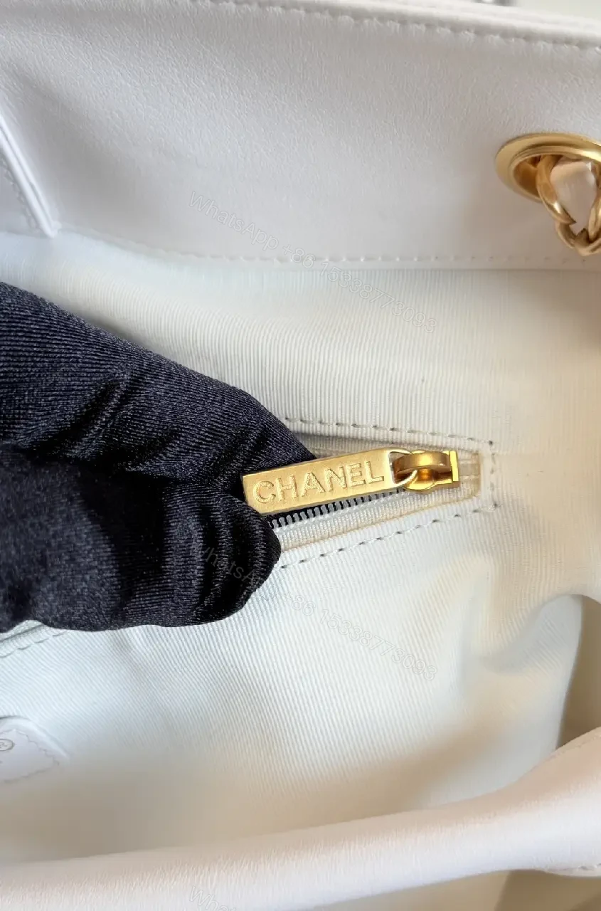 View 10 of White Quilted Tote with Gold Chain - Structured, Luxe Classic